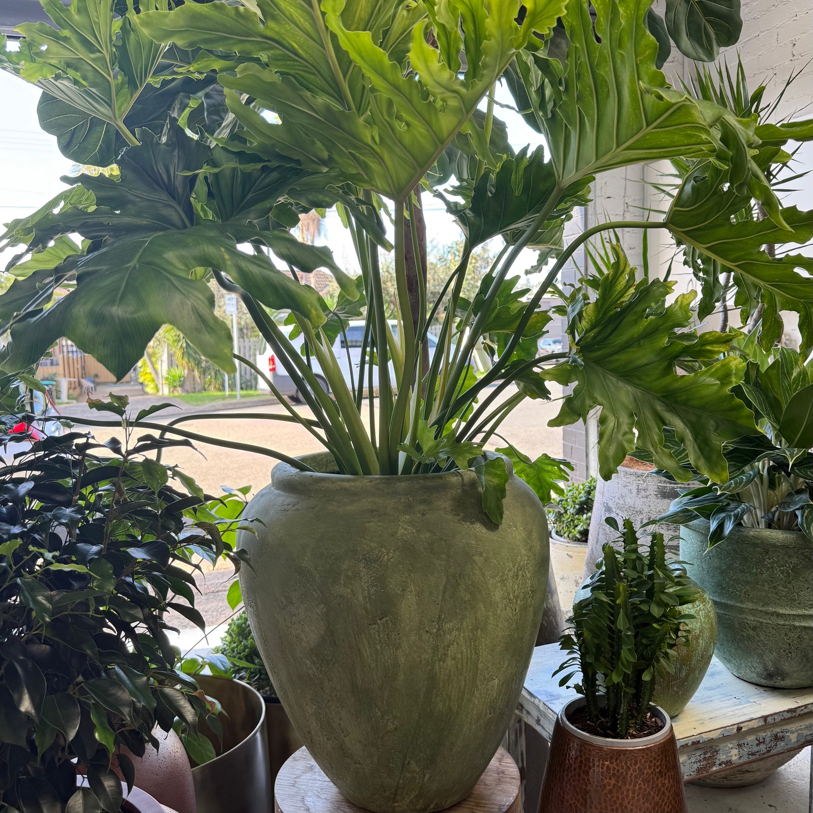 Green whitewashed urn